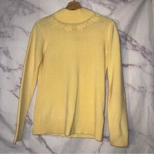 Zara Yellow Mock Neck Knit Sweater w/ Floral Embroidered Neckline